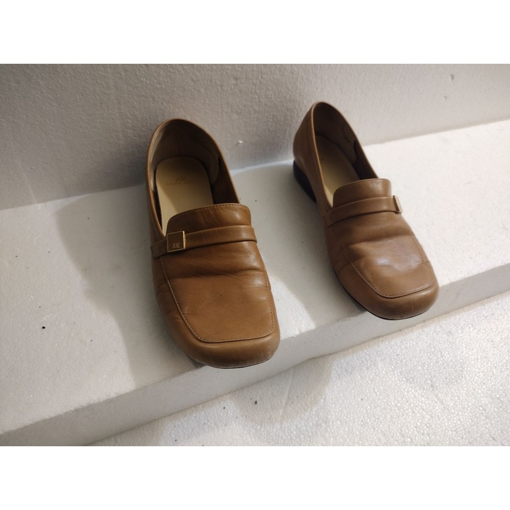 Anne Klein Loafers Womens 7W Tan Leather Slip On Flat Square Toe AK Ornament